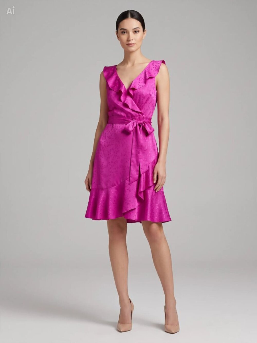 DKNY Magenta Fuchsia Satin Ruffle V Neck Tie Waist Dress